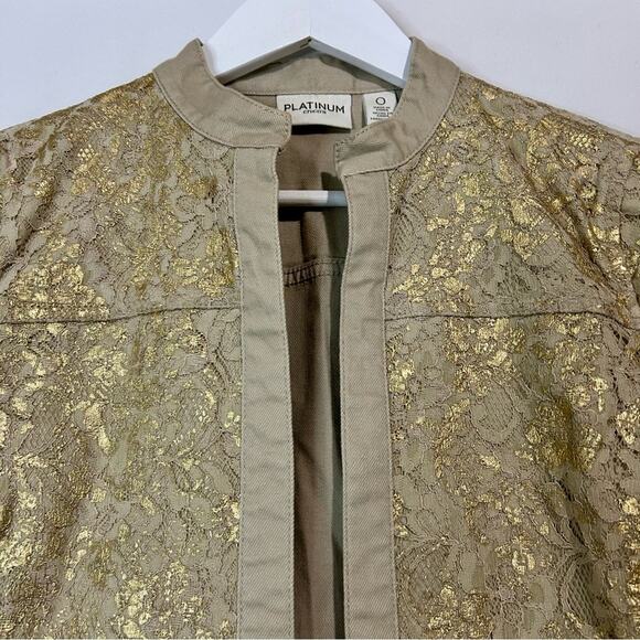 Chico’s Women’s Platinum Khaki Denim Floral Gold Metallic Jacket Size Small EUC - Picture 2 of 8